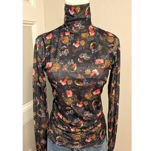 Cinq a Sept Black Floral Semi Sheer Mesh Turtleneck Top